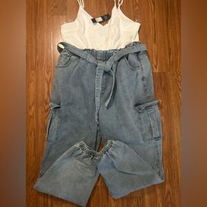 White Tank Top and Blue Cargo Pants one piece.